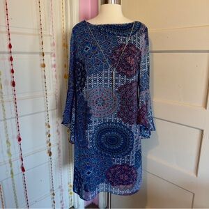 Vintage Chiasso Abstract Print Shift Dress Bell Sleeve Blue Pink Size 8 Boho